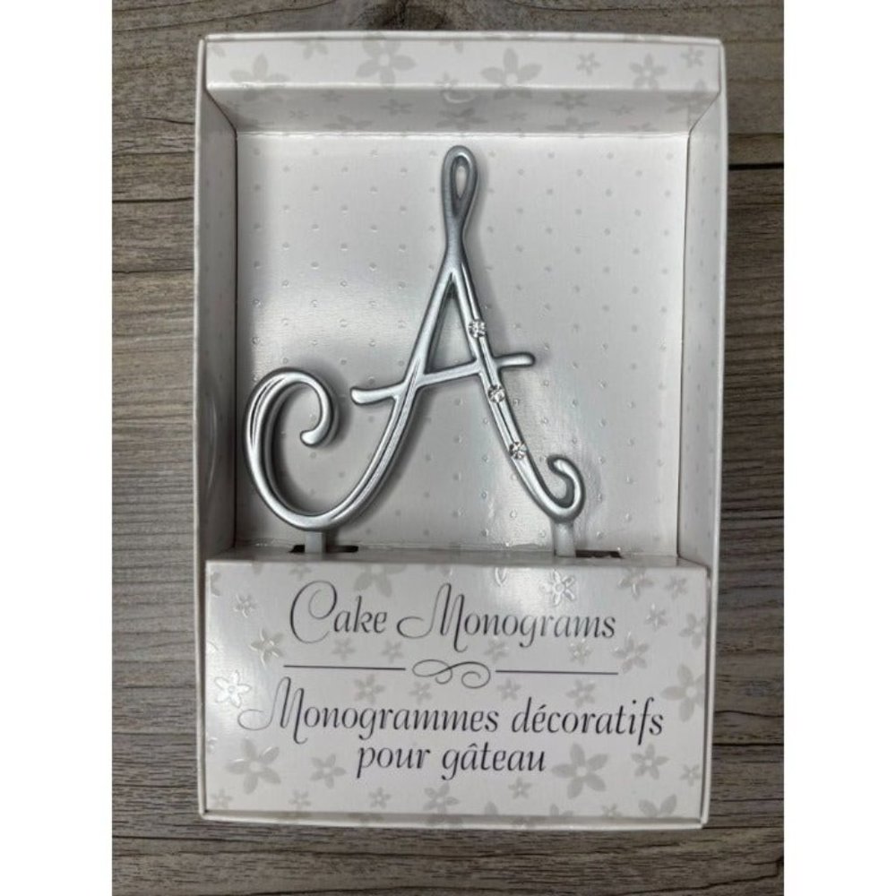 Wedding Small A Silver Finish Monogram Initial Rhinestones Cake Topper